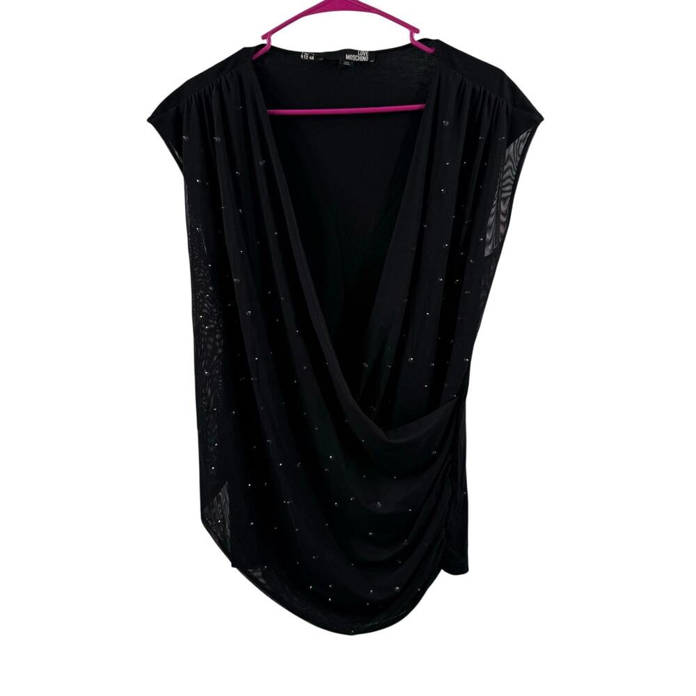 Love Moschino Top SZ 12 Black Draped Cowl Neck Italy Sheer Pearl Bead Sleeveless